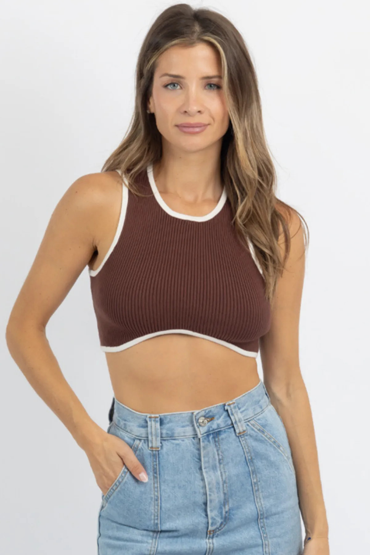 RENA CHOCOLATE + CREAM RIBBED CROP