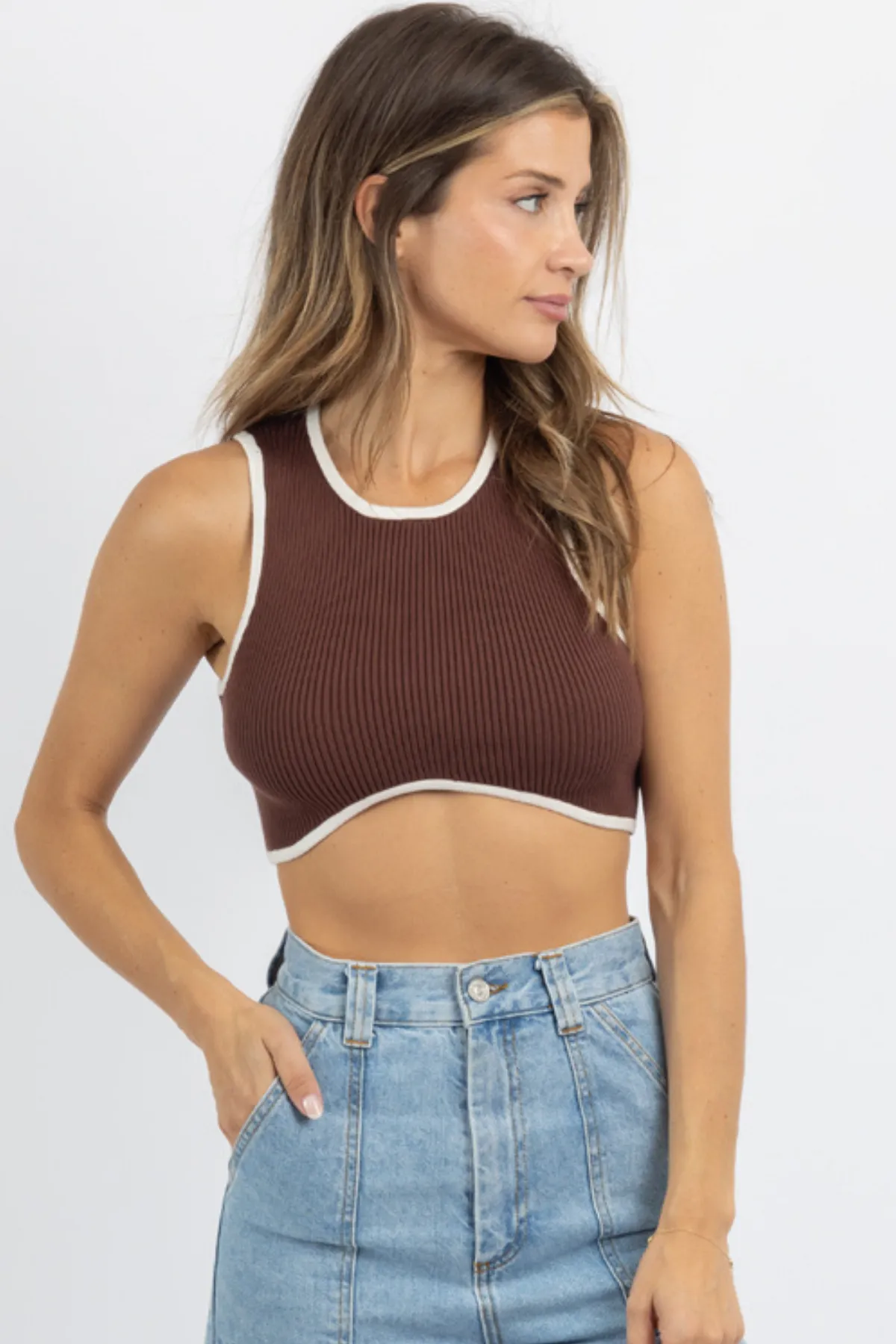 RENA CHOCOLATE + CREAM RIBBED CROP