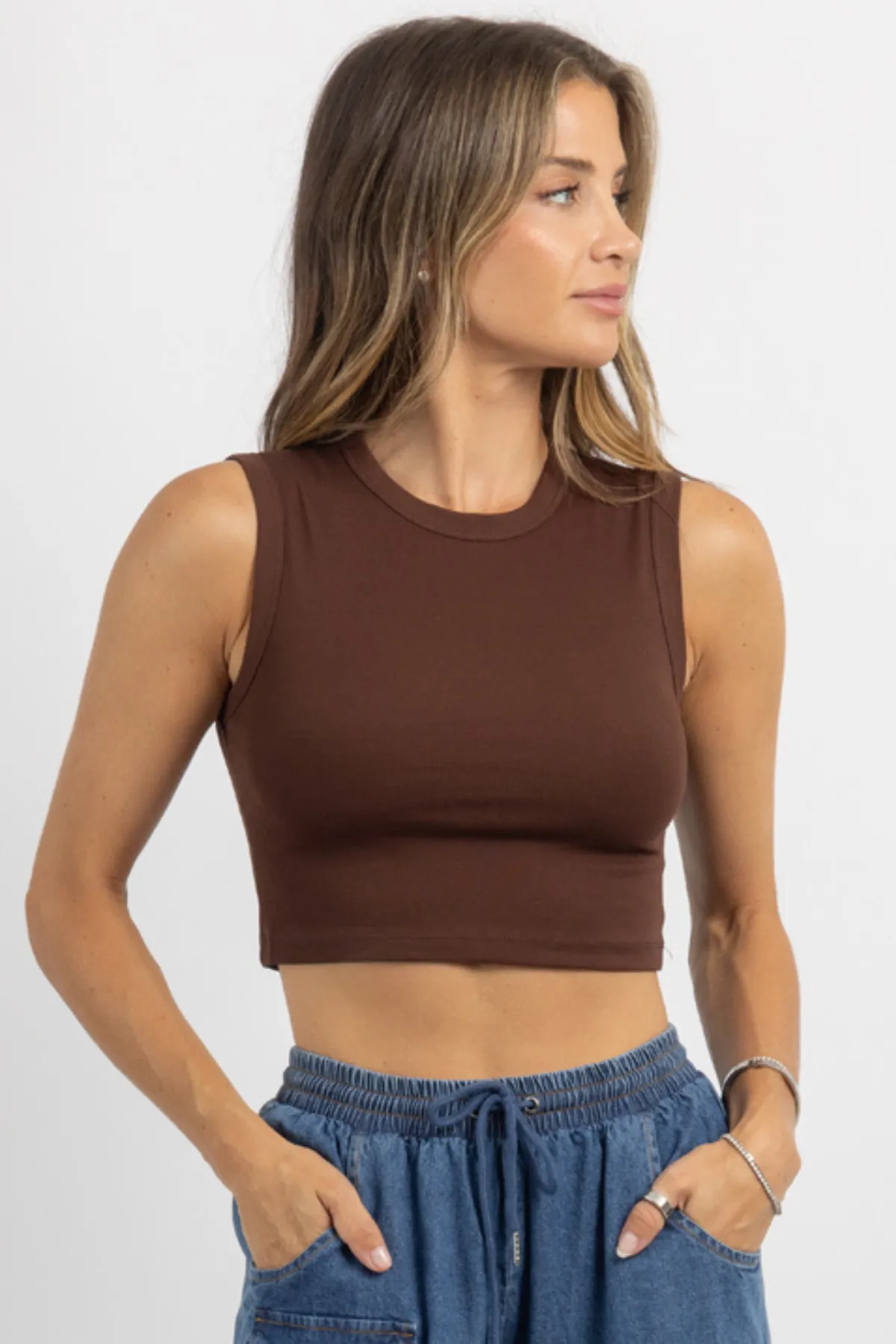 REPEAT BROWN RIBBED TANK