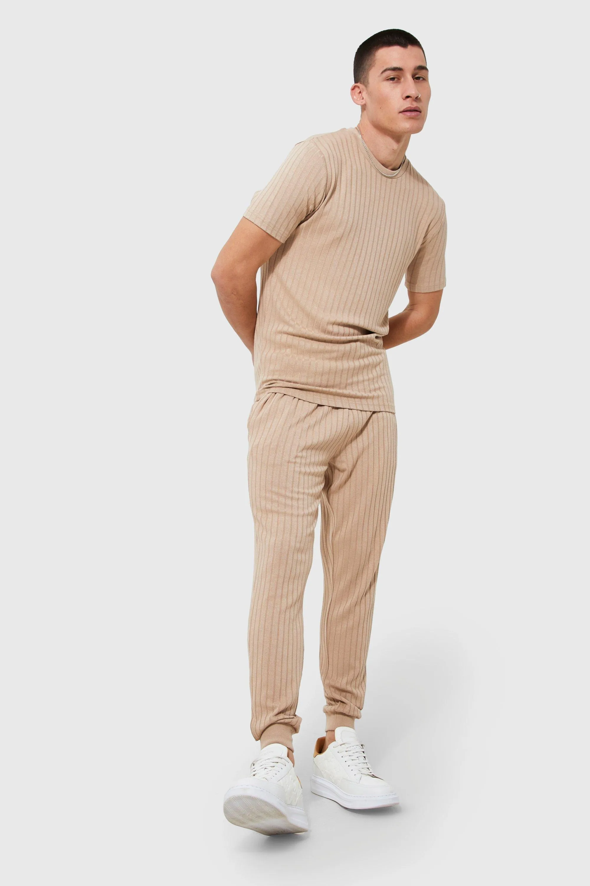 Ribbed Knitted T-shirt & Jogger Set