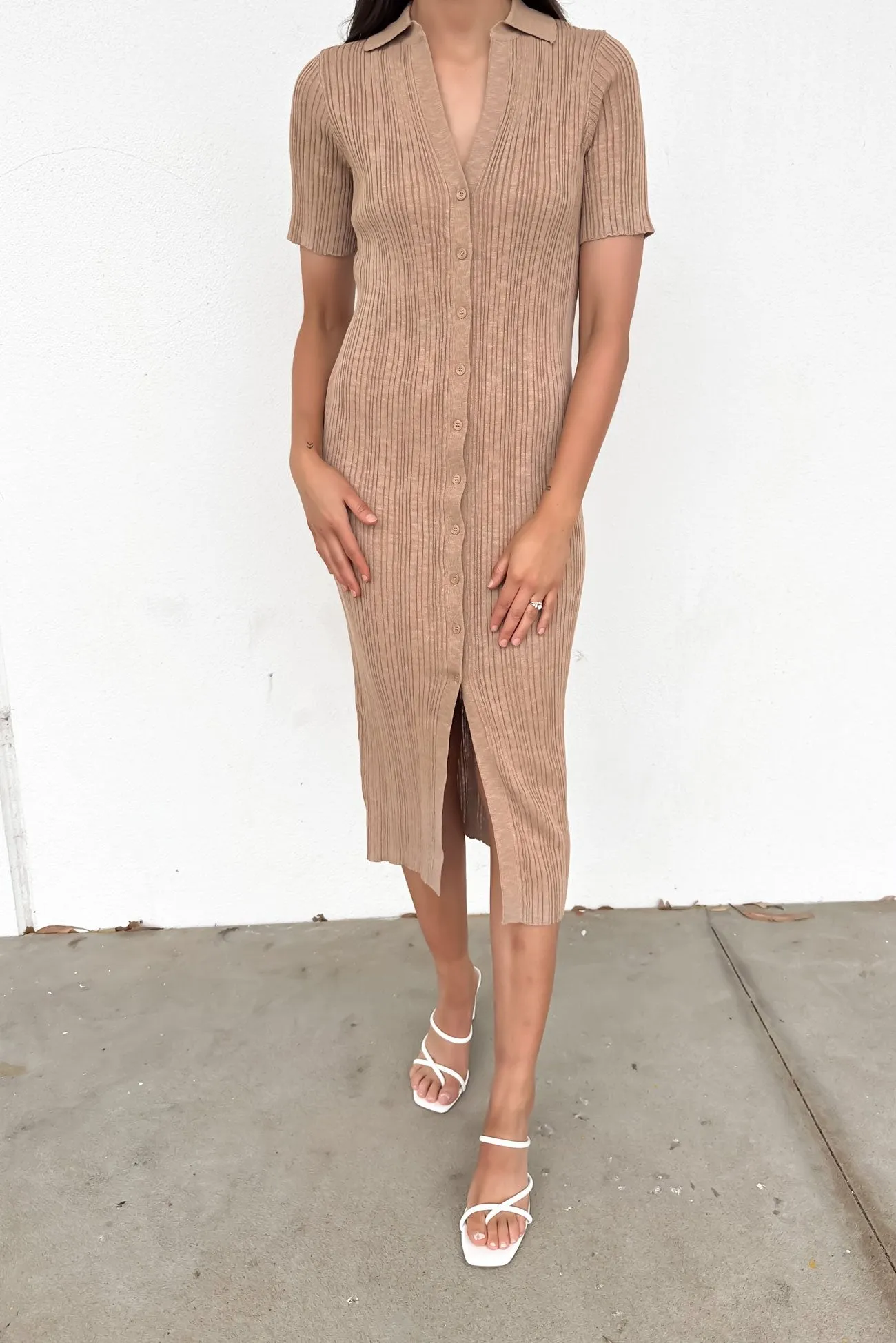 Shylie Ribbed Midi Dress Beige