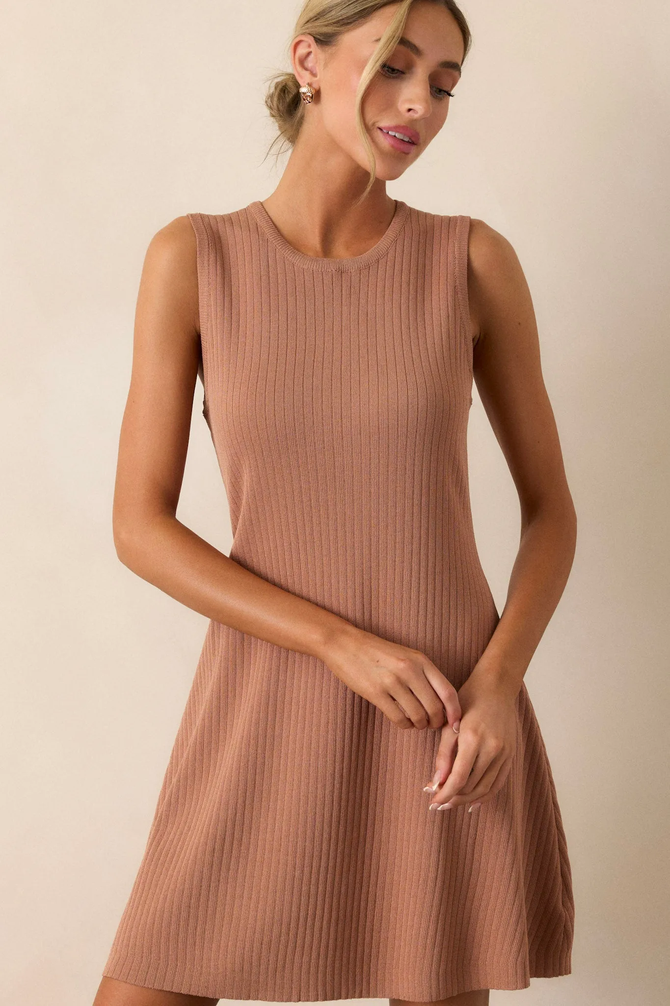 Simple Vibes Camel Brown Ribbed Knit Mini Dress