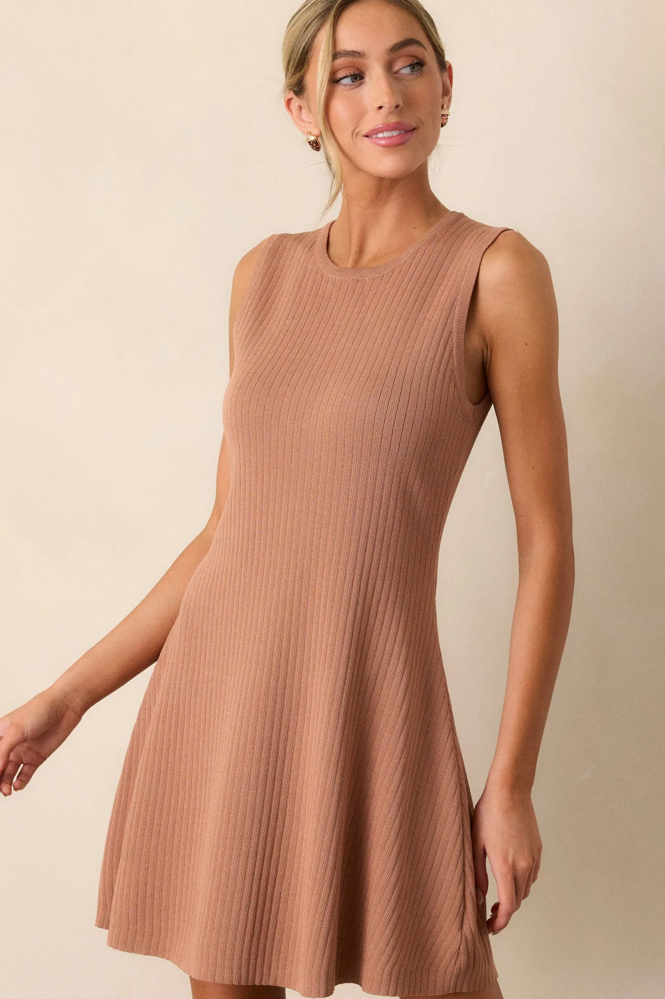 Simple Vibes Camel Brown Ribbed Knit Mini Dress