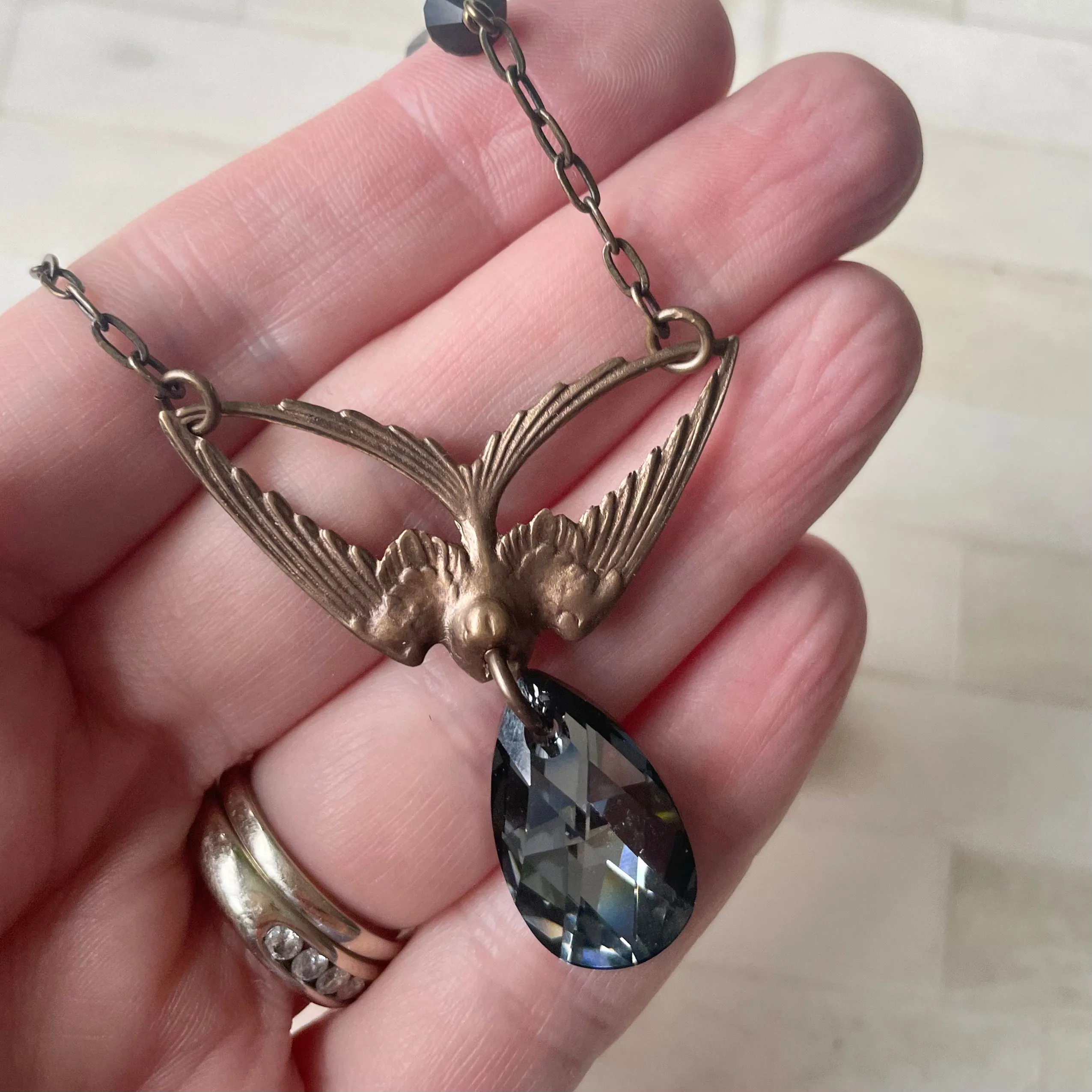 Swoop - Brass Swallow and Black Diamond Crystal Necklace