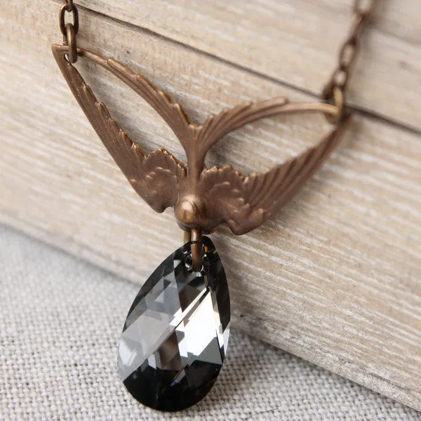 Swoop - Brass Swallow and Black Diamond Crystal Necklace