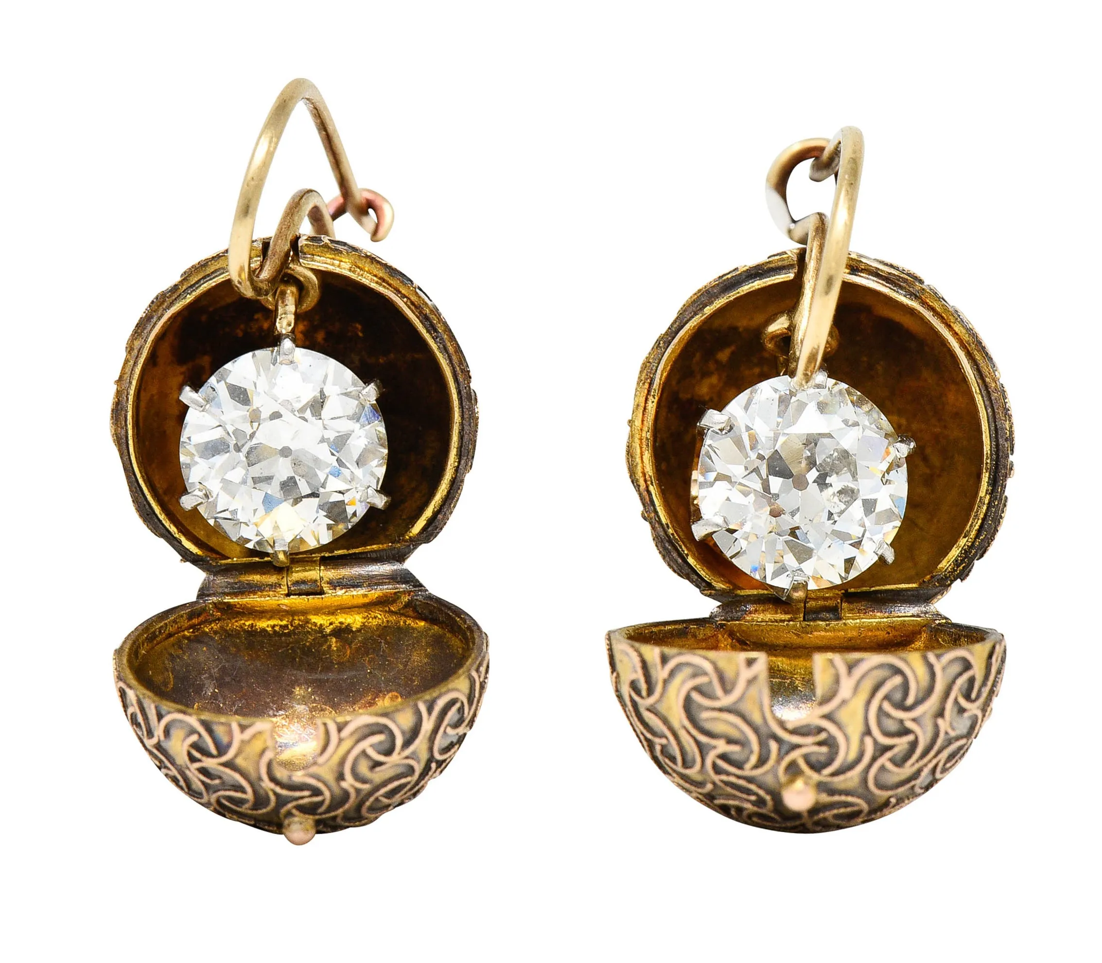 Victorian 3.18 CTW Diamond Platinum 14 Karat Gold Carriage Coach Cover Drop Earrings