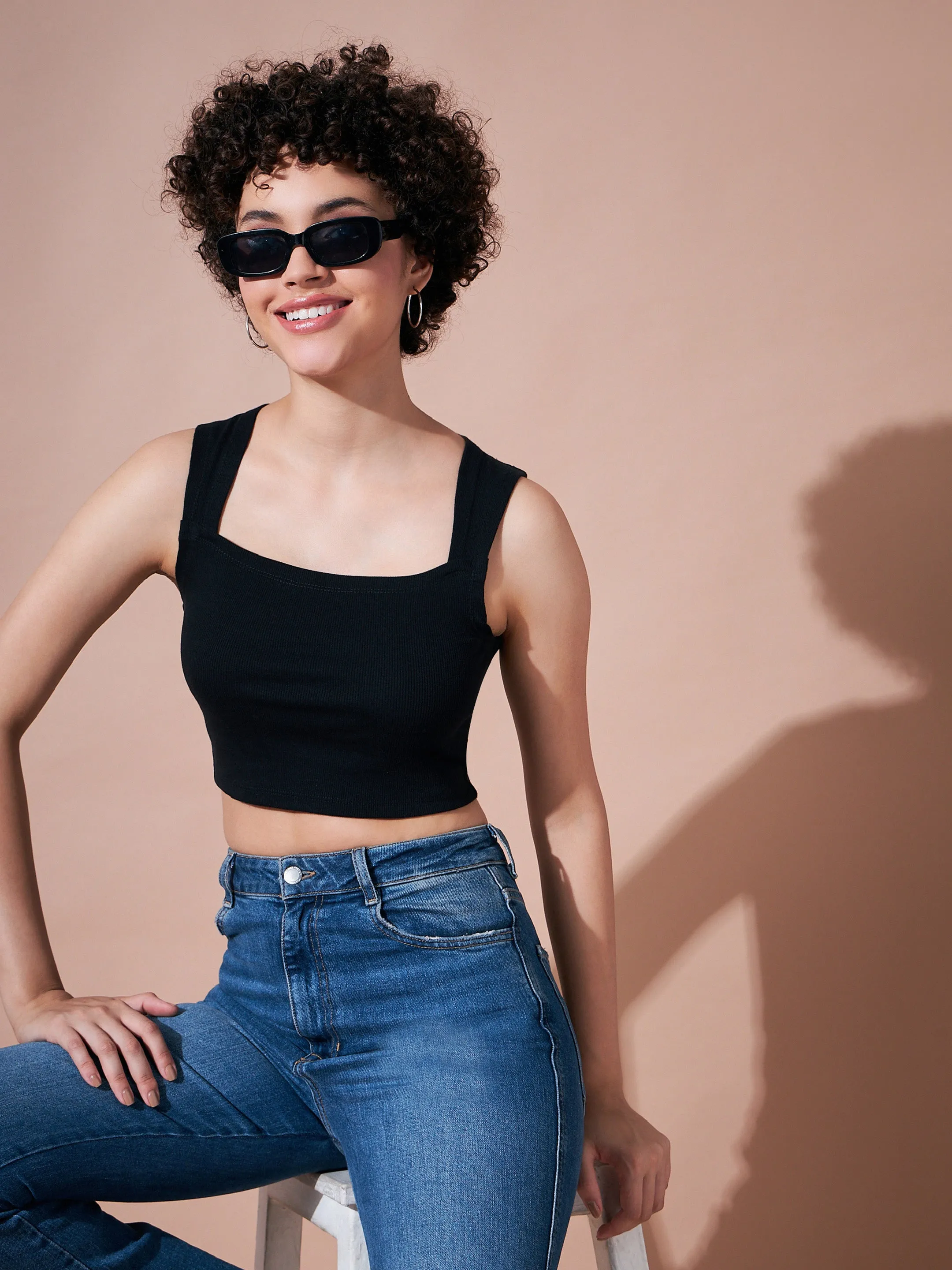 Women Black Rib Rhombus Neck Ribbed Crop Top