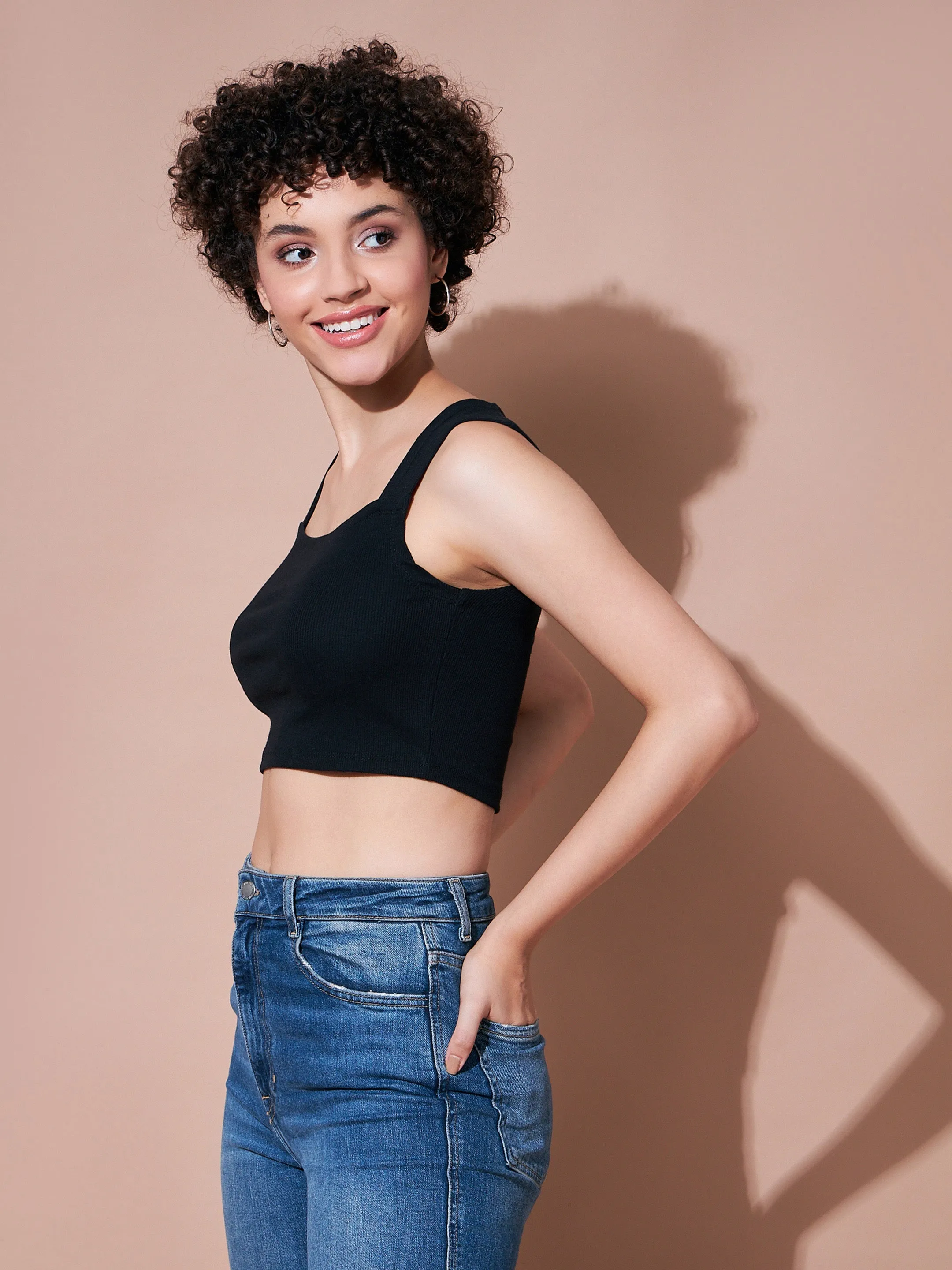 Women Black Rib Rhombus Neck Ribbed Crop Top