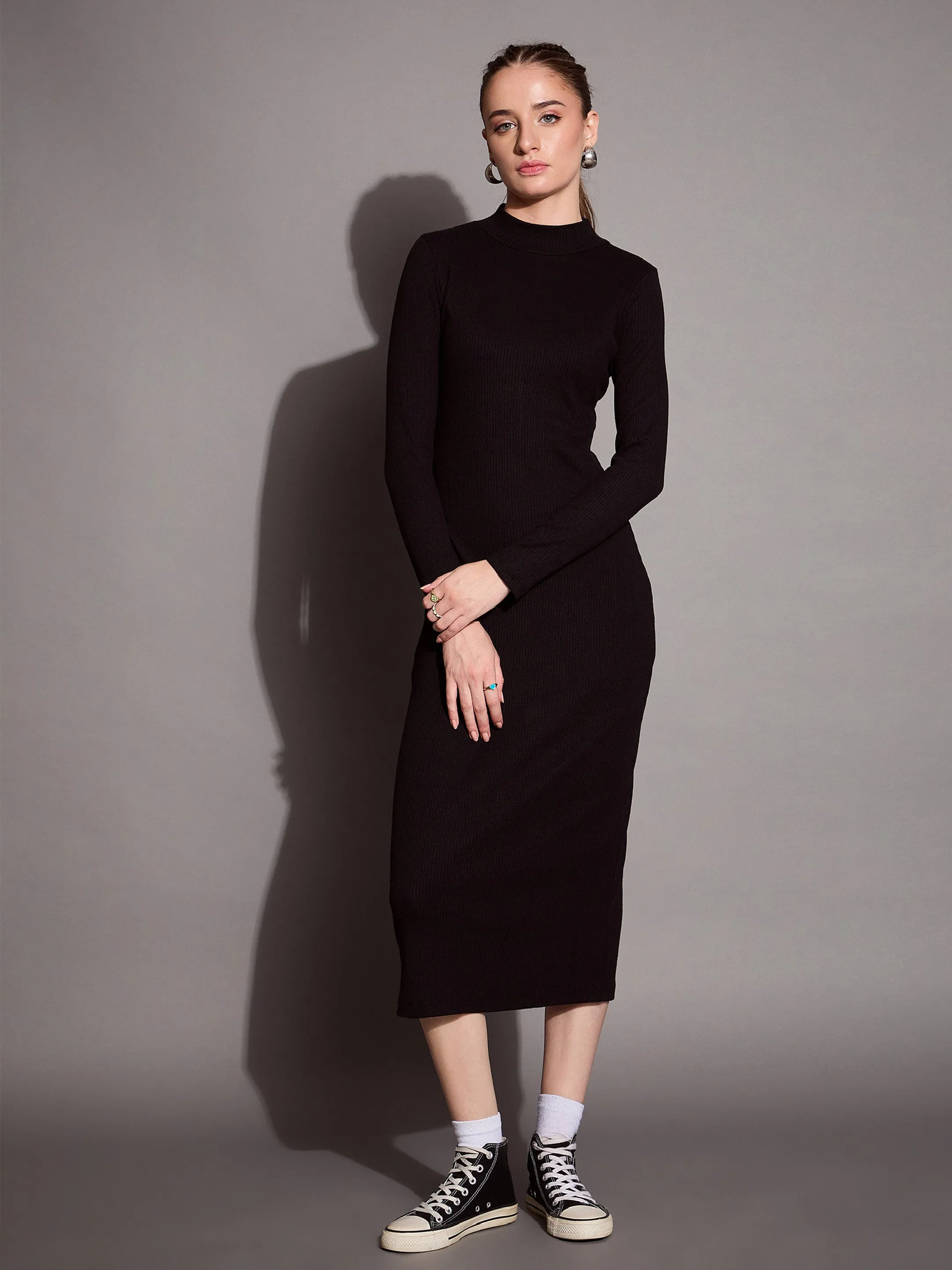 Women Black Ribbed Back Slit Full Sleeves Bodycon Dress