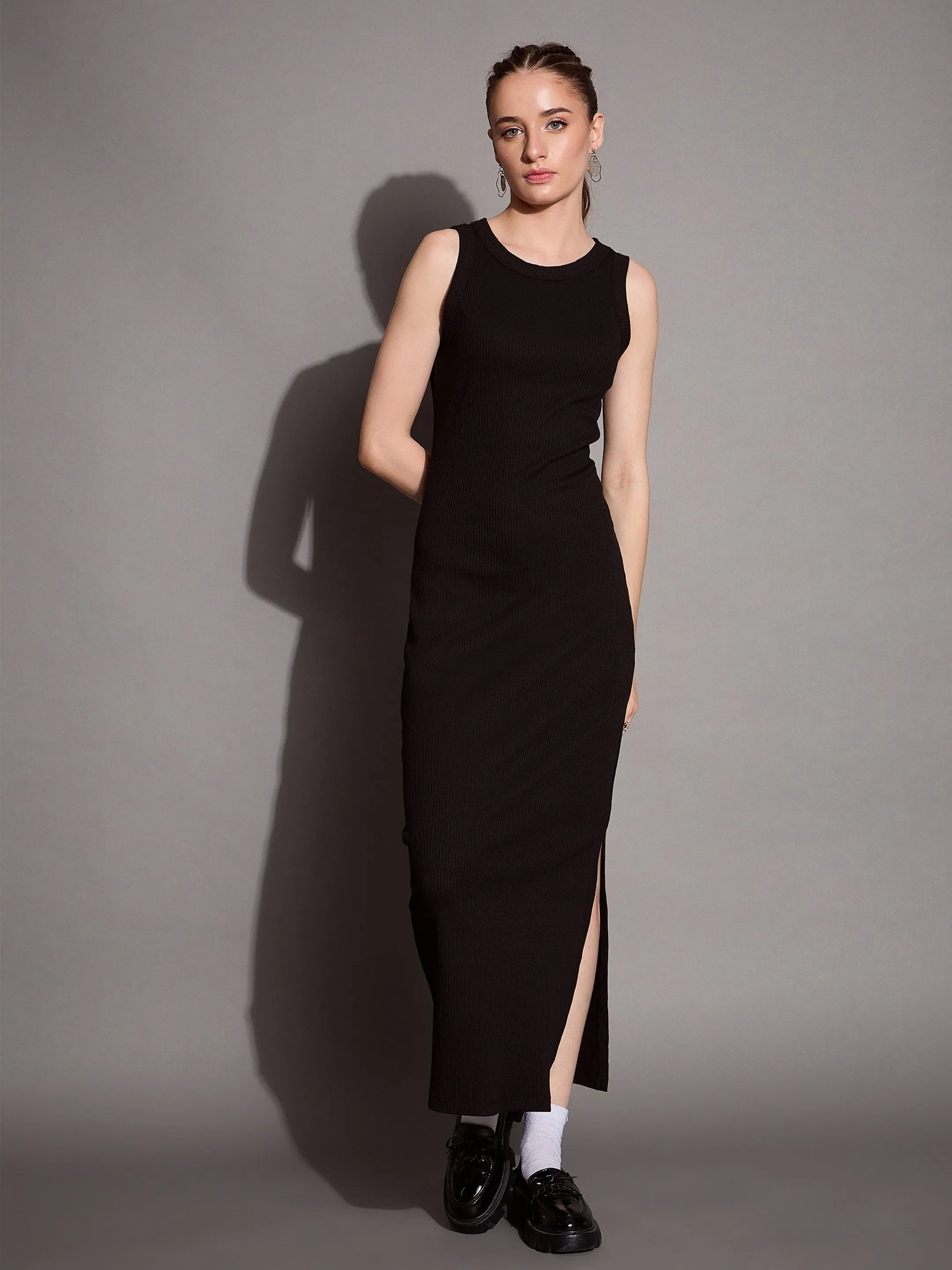 Women Black Ribbed Sleeveless Bodycon Maxi Dress