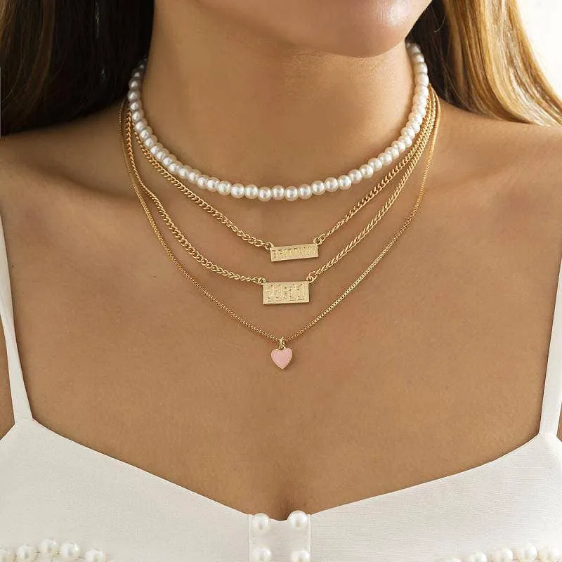 Women's Faux Pearl Chain Heart Pendant Necklaces