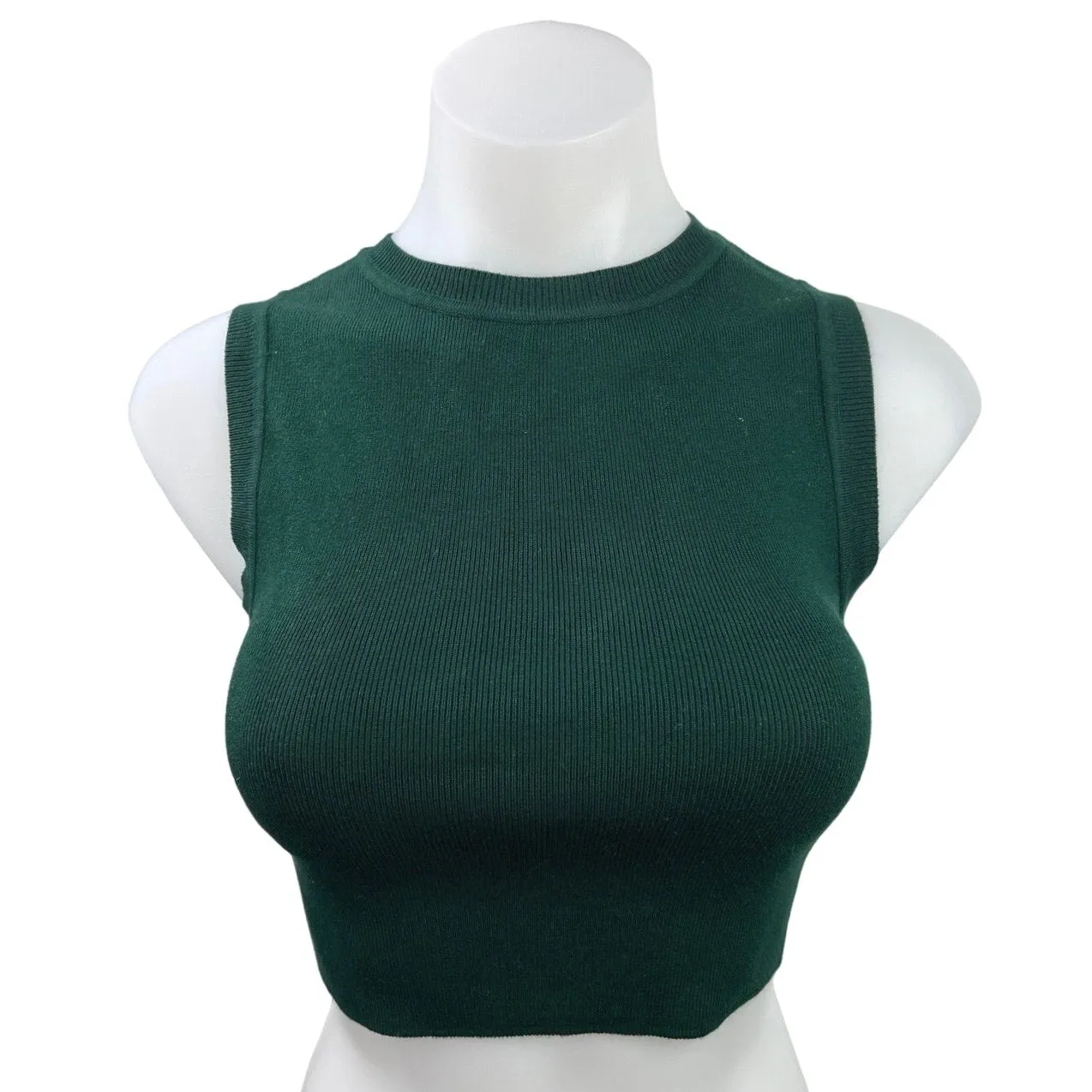 Zara Green Ribbed Knit Sleeveless Crewneck Stretch Casual Crop Tank Top Size M