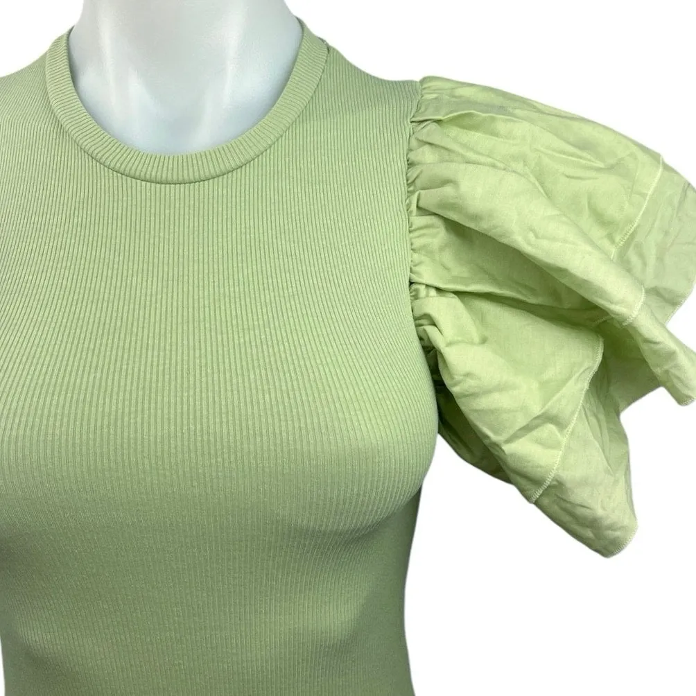 Zara NWT Green Ribbed Knit Ruffle Sleeve Crew Neck Bodysuit Blouse Top Size S